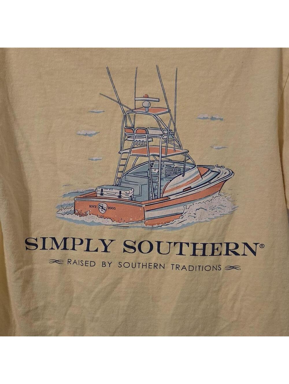 Yellow Simply Southern Sport fishing Boat Graphic T-shirt Sz Small